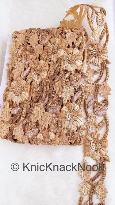Cutwork Lace Trim Hand Embroidered In Brown & Gold Flowers Zardozi Embroidery, Gold Sequins and Gold Beads, Floral Trim